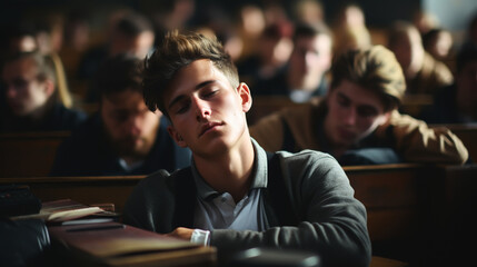 Wall Mural - Education And Learning Concept. Portrait of tired and bored student sitting at desk