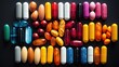 variety of assorted multicolored pharmaceutical pills, including vitamins, antibiotics, capsules. These medications manufactured to suit different formulations and dosage forms for medical purposes