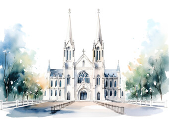 Wall Mural - Watercolor Catholic Church Painting on White, wedding Clip art.