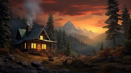 Wall Mural -  a painting of a cabin in the woods with a sunset in the background.  generative ai