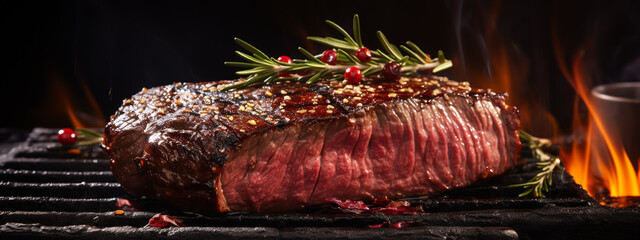 Wall Mural - Grilled meat steak on stainless grill depot with flames on dark background. Food and cuisine concept.