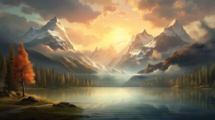 Wall Mural -  a painting of a mountain range with a lake in the foreground.  generative ai