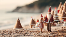 Lovely Couple With Santa Hats Together On Beach, Back View. Christmas Vacation