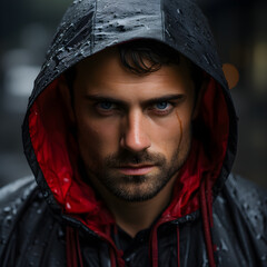 Close up of young man wearing rain suit and with a brown tear. Generative AI