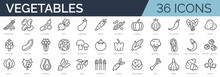 Set Of 36 Outline Icons Related To Vegetables. Linear Icon Collection. Editable Stroke. Vector Illustration