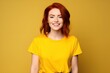 © Tuyres - Close-Up Portrait of a Beautiful Fictional Young Redhead Woman Laughing. Isolated on a plain yellow colored background. Generative AI.