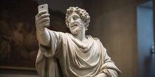 Antique Stone Statue Taking Selfie On Phone , Concept Of Vintage Art