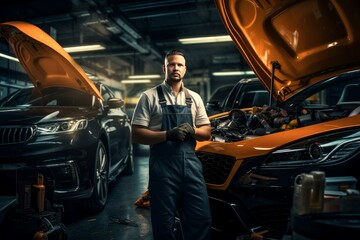 Skilled Car mechanic fix garage. Motor inspection. Generate Ai