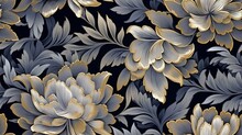  A Black And Gold Floral Wallpaper With Silver And Gold Flowers.  Generative Ai