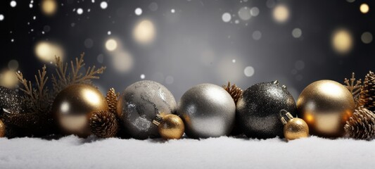 Poster - Merry Christmas, celebration holiday greeting card - Gold black ornaments ( christmas baubles balls, pine branches and cones ) on snow with dark black snowflakes sky background