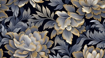 Sticker -  a black and gold floral wallpaper with silver and gold flowers.  generative ai