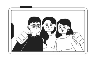 Poster - friends group photo on phone monochrome concept vector spot illustration. Picture on smartphone screen 2D flat bw cartoon characters for web UI design. Isolated editable hand drawn hero image