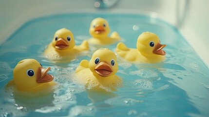 A home bath filled with a huge number of floating identical yellow rubber ducks. Baby bathing concept with funny toys. Illustration for banner, poster, cover, brochure or presentation.