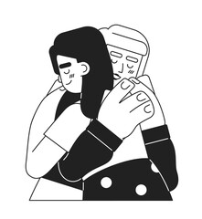 Poster - Women hugging monochromatic flat vector characters. Tight hug. Multinational friends. Editable thin line half body people on white. Simple bw cartoon spot image for web graphic design