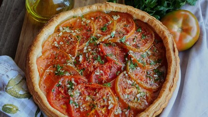 Wall Mural - Round puff pastry pie tart with tomato. Rotate.