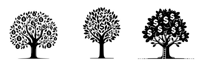 Set of three vector icons of trees with dollar signs growing on it