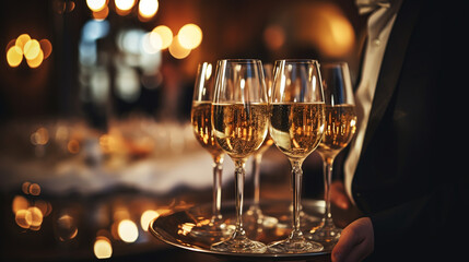 Beautifully organized event - served table banquet ready for guests, decorated table with empty plate, glasses, forks, napkin.