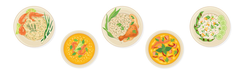 Wall Mural - Thai Dish and Main Course with Rice and Shrimp Served on Plate Above View Vector Set