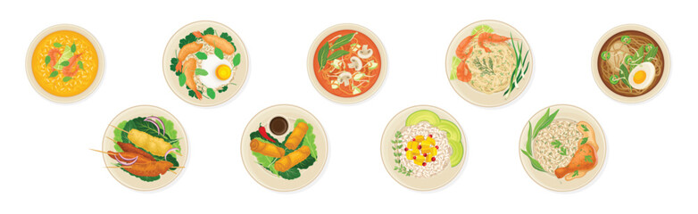 Wall Mural - Thai Dish and Main Course with Rice and Shrimp Served on Plate Above View Vector Set