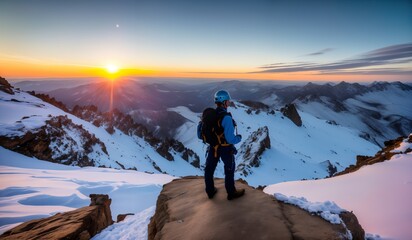 Backpacker on the top of a snow covered mountain during a beautiful sunset