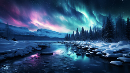 Christmas tree decoration in winter forest with northern lights in the night sky