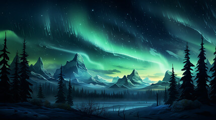 Christmas tree decoration in winter forest with northern lights in the night sky