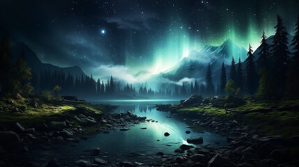 Christmas tree decoration in winter forest with northern lights in the night sky