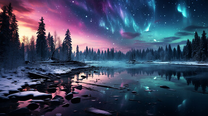 Christmas tree decoration in winter forest with northern lights in the night sky