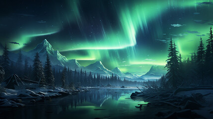 Christmas tree decoration in winter forest with northern lights in the night sky
