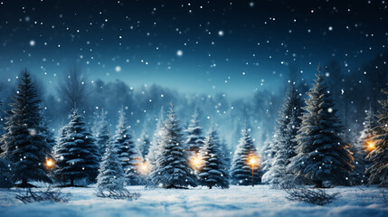 Christmas tree decoration in winter forest with northern lights in the night sky