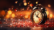 Old Black vintage alarm clock on wooden table on blur background of Christmas tree. New Year Theme