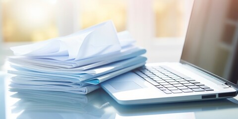 Aufkleber - Efficient Digital Workflow: A Closeup of a Womans Hands Holding Papers in Front of Her Laptop, Showcasing Digitization, Scanning, Paperwork Management, Administrative Efficiency, Personnel Oversight