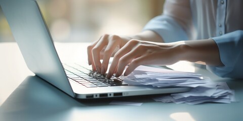 Aufkleber - Efficient Digital Workflow: A Closeup of a Womans Hands Holding Papers in Front of Her Laptop, Showcasing Digitization, Scanning, Paperwork Management, Administrative Efficiency, Personnel Oversight