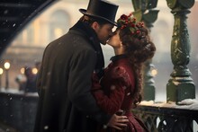 A Man Kisses A Woman On Christmas Eve. Holiday Photo In Victorian Style
