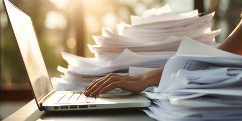 Aufkleber - Efficient Digital Workflow: A Closeup of a Womans Hands Holding Papers in Front of Her Laptop, Showcasing Digitization, Scanning, Paperwork Management, Administrative Efficiency, Personnel Oversight