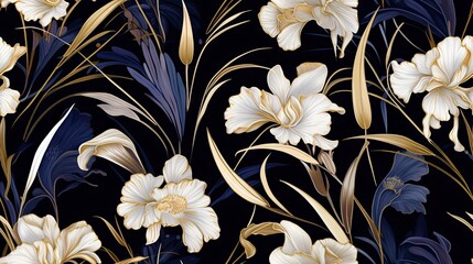 Sticker -  a black background with white and gold flowers and leaves on it.  generative ai