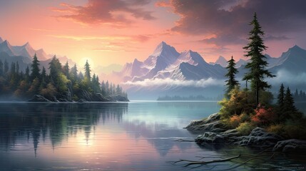 Wall Mural -  a painting of a mountain lake with a sunset in the background.  generative ai