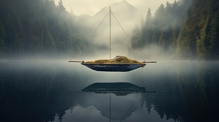 Sticker -  a boat floating on top of a lake surrounded by forest.  generative ai