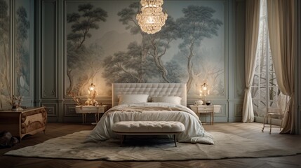 Wall Mural - A bedroom with a soft and serene wallpaper featuring a nature-inspired motif, like gentle waves or serene forests, evoking a sense of calm and tranquility