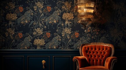 Wall Mural - A close-up shot of a luxurious wallpaper in a rich, deep color with intricate patterns, adding an elegant touch to a room