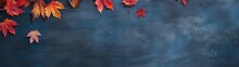A High-resolution Top-down Image Capturing The Essence Of Autumn's Beauty, With Red Leaves Elegantly Arranged On A Rustic Blue Slate Background, Providing A Picturesque Setting For Your Creations