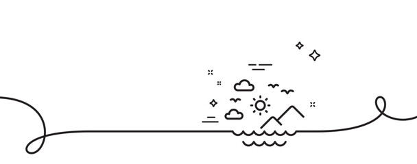 Poster - travel sea mountains line icon. continuous one line with curl. sun, clouds and waves sign. summer ho