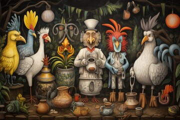 Wall Mural - A painting of a group of chickens and roosters