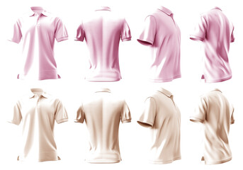 2 Set of pastel light pink beige front, back and side view collar polo tee shirt on transparent background cutout, PNG file. Mockup template for artwork graphic design. 3D rendering	
