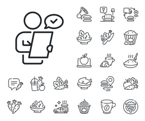 Poster - Contract application sign. Crepe, sweet popcorn and salad outline icons. Customer survey line icon. Agreement document symbol. Customer survey line sign. Pasta spaghetti, fresh juice icon. Vector