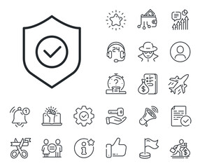Poster - Cyber defence sign. Salaryman, gender equality and alert bell outline icons. Security shield line icon. Private protection symbol. Security shield line sign. Spy or profile placeholder icon. Vector
