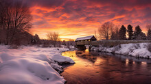 Winter Sunset By Covered Bridge