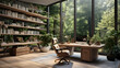 Spacious home office with wooden desk, ergonomic chair, dual monitors, and garden view