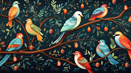 A repeating pattern of cheerful birds decorating a tree with ornaments and strands of popcorn