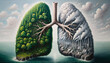 image portrays two contrasting landscapes connected by a tree resembling human lungs. On the left, lush green forests signify fresh air and nature's vitality.